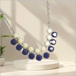 .Elegant Blue and Cream Beads on Silver Tone Necklace